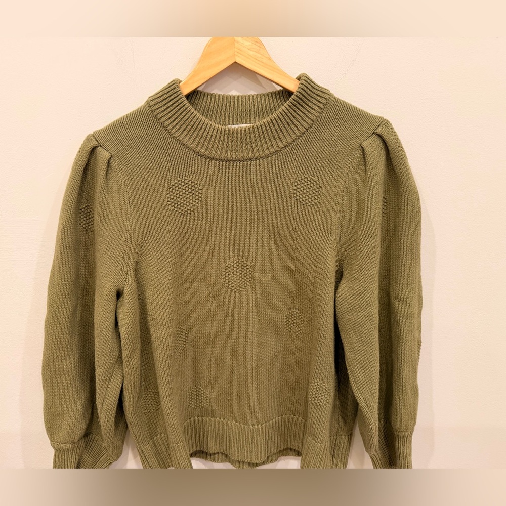 Madewell Polka Dot Knit Sweater Olive Green Puff Sleeve Womens Large‎ EUC